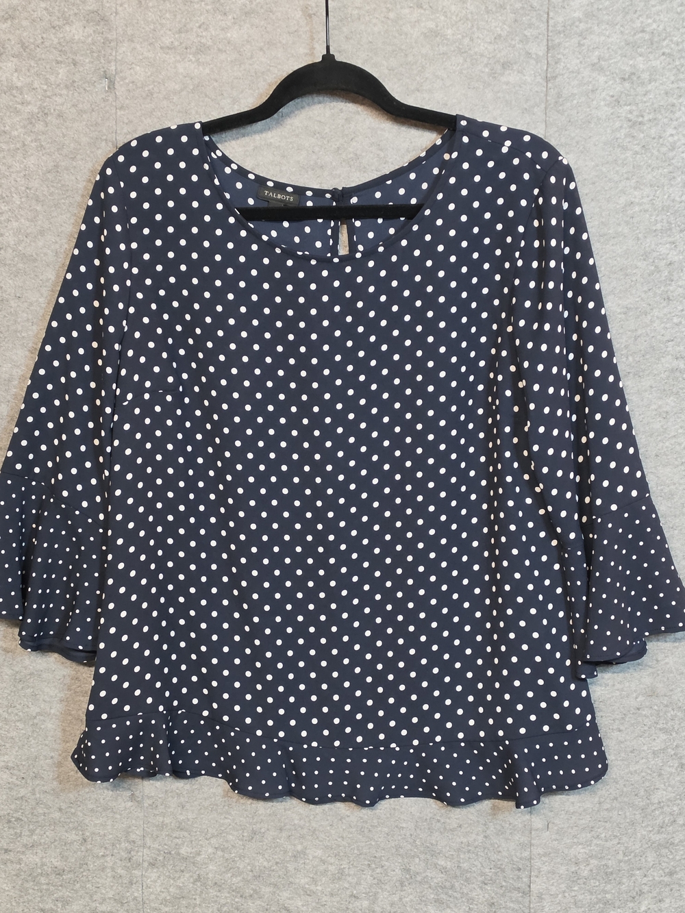 Talbots Navy White Polka Dot Ruffle-Hem Blouse